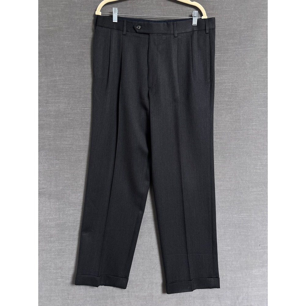 Brooks Brothers Dress Pants 36x30 Black Gray Wool Twill Pleated Cuffed Trousers